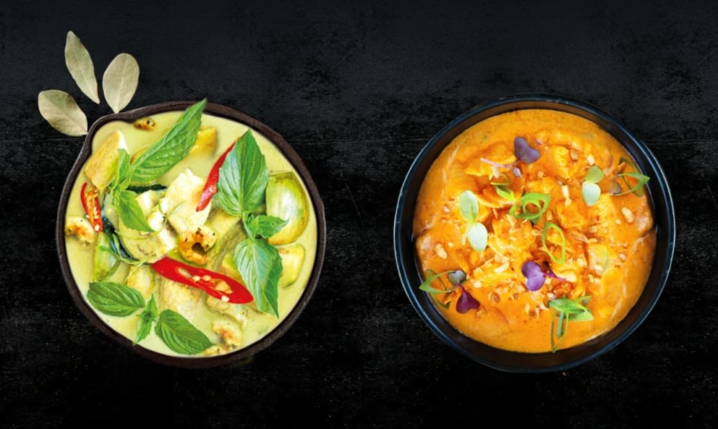 Zwei der Spezialitäten von Onshii: Green Thai Curry und Massaman Thai Curry (Foto: Sensi Food GmbH)